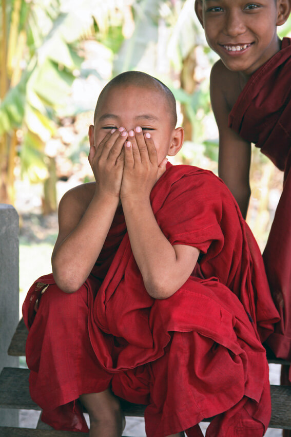 Portrait of two novice Buddhist monks, Mandalay, Myanmar, Burma