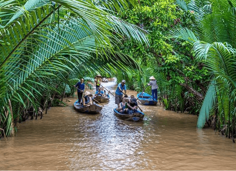 Get on boat on Mekong River